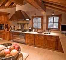 Кухня в стила на хижата се отличава с декорация на тавана, стените, подовете и мебелите