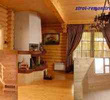Вътрешно довършване на къщата от дървената греда, подрязване на дървения материал